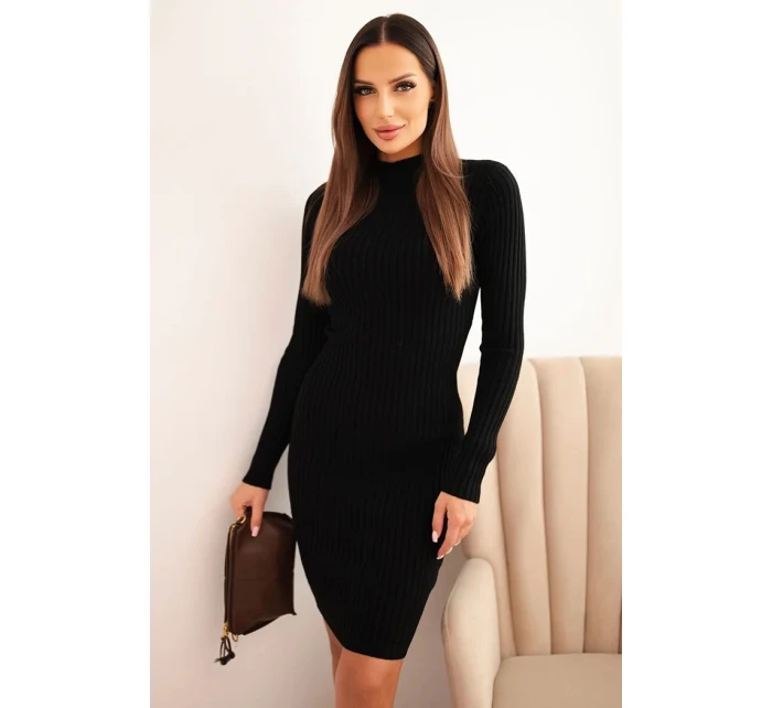 Dámske viskózové pruhované šaty s dlhými rukávmi a stojacím golierom čierne