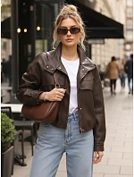 Dámska oversize kožená bunda s vysokým golierom hnedá FashionStreet TY5650