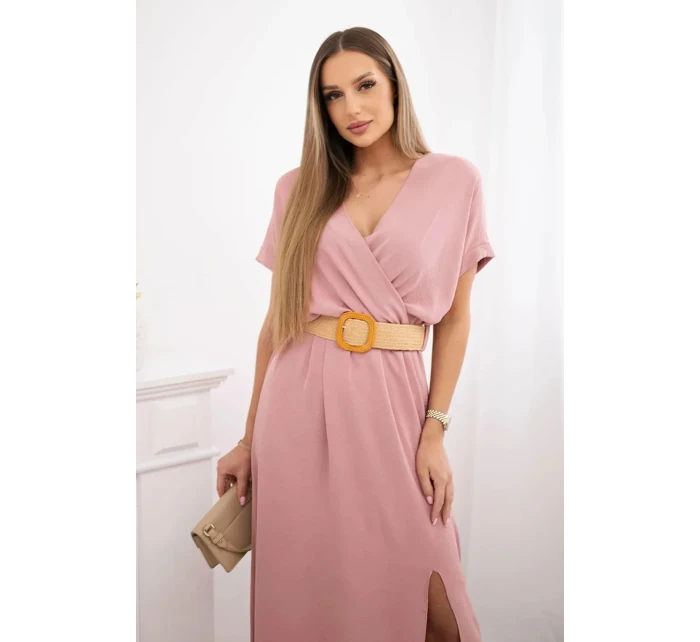 Dlhé šaty s ozdobným opaskom tmavo púdrovo ružové