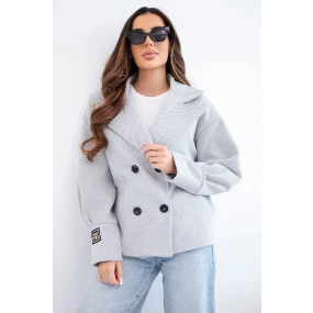 Dámská krátká dvouřadová bunda s límcem šedý melanž