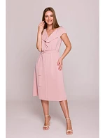 S411 Šaty bez rukávov s volánovým výstrihom - púdrové