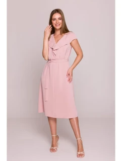 S411 Šaty bez rukávov s volánovým výstrihom - púdrové