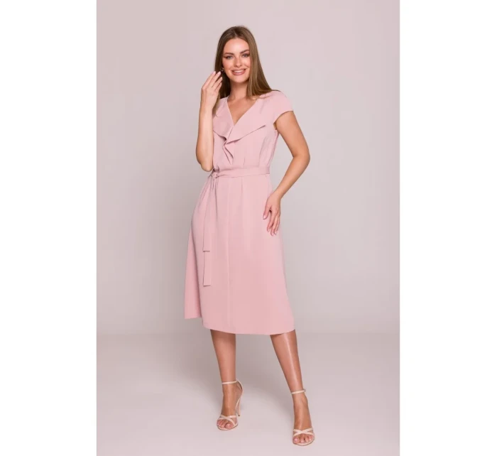 S411 Šaty bez rukávov s volánovým výstrihom - púdrové S411 Šaty bez rukávov s volánovým výstrihom - púdrové