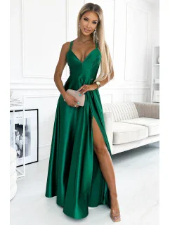 513-1 Elegantné dlhé saténové šaty LUNA s výstrihom a prekríženými ramienkami - BOTTLE GREEN