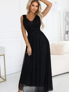 637-2 Dlhé večerné šaty s brokátovým akcentom a hlbokým výstrihom - čierne