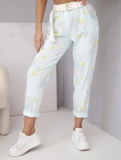 Dámske viskózové kvetinové nohavice s opaskom mätovej farby