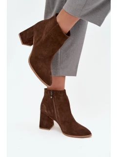 Botki Z Naturalnego Zamszu Obcas Słupek Ocieplane Brązowe Zazoo 3128