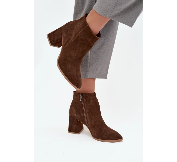 Botki Z Naturalnego Zamszu Obcas Słupek Ocieplane Brązowe Zazoo 3128