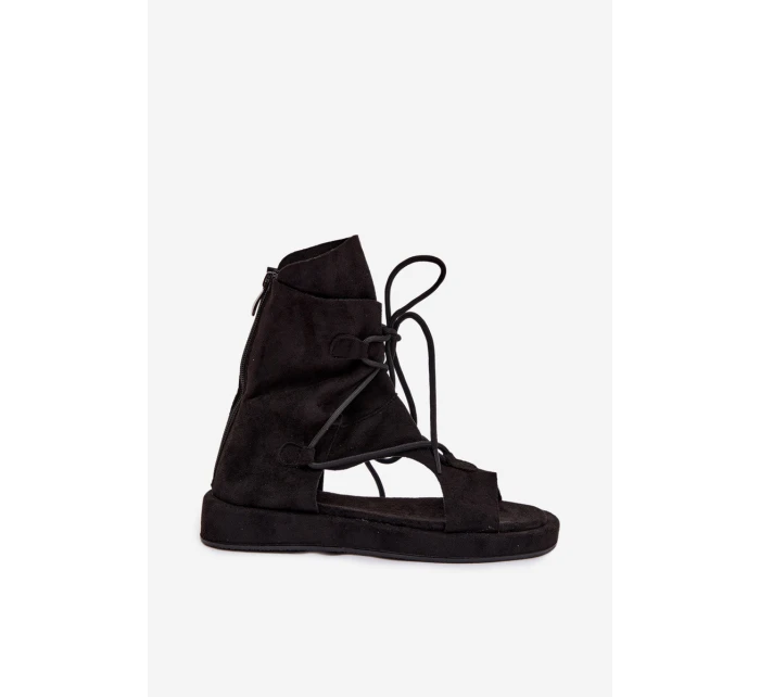 Dámské Sandály Eko Semišové S Vysokým Nártem a Zavazováním Černé Ferlisse