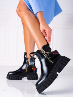 Módne členkové topánky dámske čierne na plochom podpätku