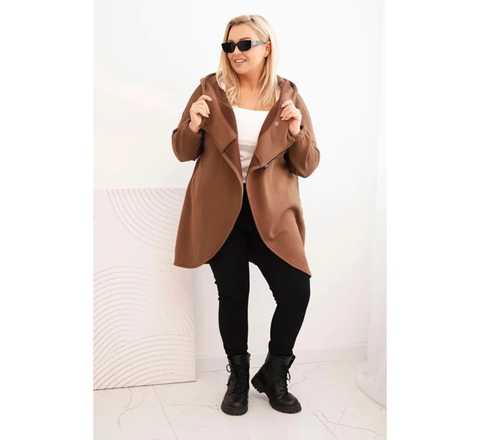 Dámska zateplená mikina Plus Size s kapucňou a asymetrickým zipsom Brown