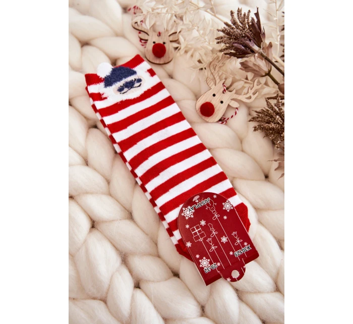 Młodzieżowe Skarpety W Paski Z Mikołajem Biało-Czerwone