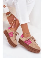 Sneakersy Damskie Na Platformie Z Naturalnego Zamszu Beżowo-Różowe Eldira