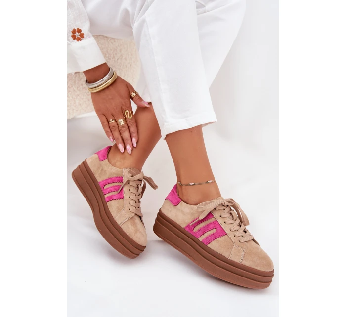 Sneakersy Damskie Na Platformie Z Naturalnego Zamszu Beżowo-Różowe Eldira