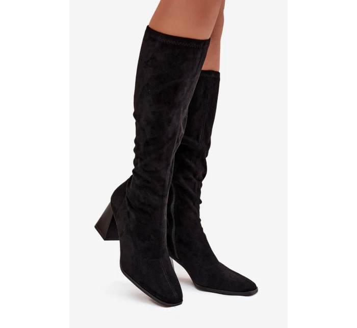 Kozaki Damskie Na Słupku Z Przeszyciami Czarne Celandine