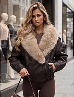 Dámska zimná kožená bunda s kožušinou, hnedá, FashionStreet TY6028