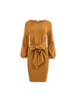 JENNY - Pohodlné dámske šaty v karamelovej farbe so zaväzovaním v páse 275-1
