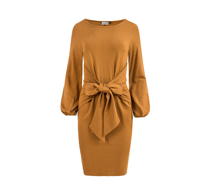 JENNY - Pohodlné dámske šaty v karamelovej farbe so zaväzovaním v páse 275-1