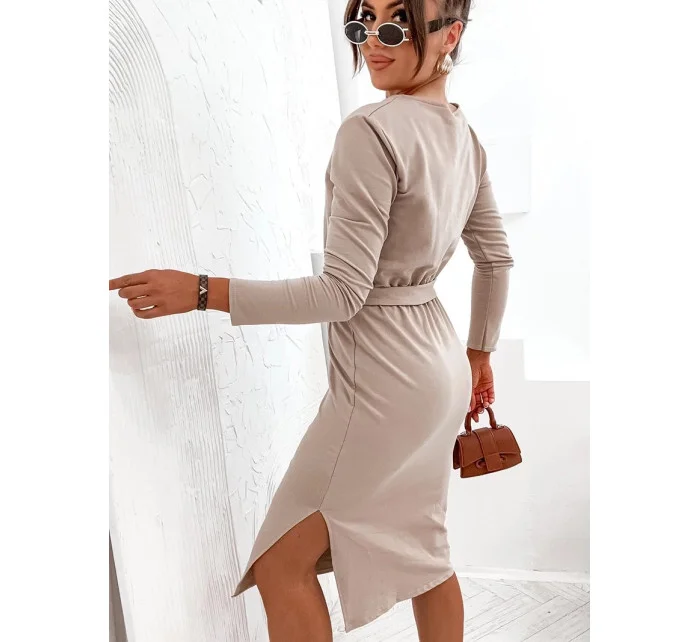 Béžové dámské midi šaty s páskem model 20302456 - Moon Béžové dámské midi šaty s páskem model 20302456 - Moon