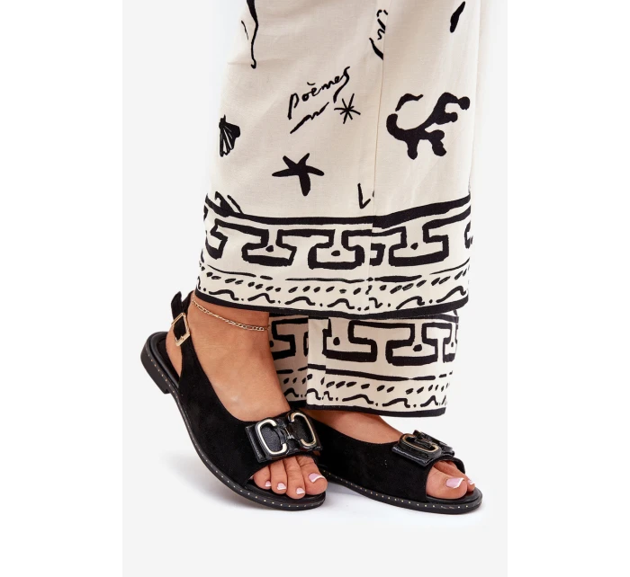 Płaskie Sandały Z Ozdobą Eko Zamszowe Czarne Lilria