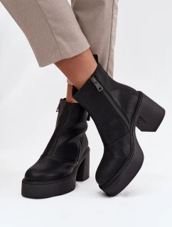 Skórzane Ocieplane Botki Damskie Na Słupku I Platformie Vinceza 66831 Czarne