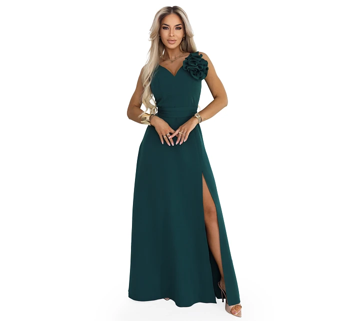 maxi šaty s květinou na a rozparkem lahvově zelené model 22108491 - numoco