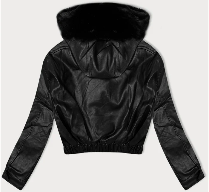 Černá krátká kožená bunda pro přechodné období s kožešinou model 21247782 - J.STYLE