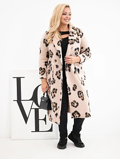 Dámský elegantní kabát Plus Size s klopami leopardí béžový