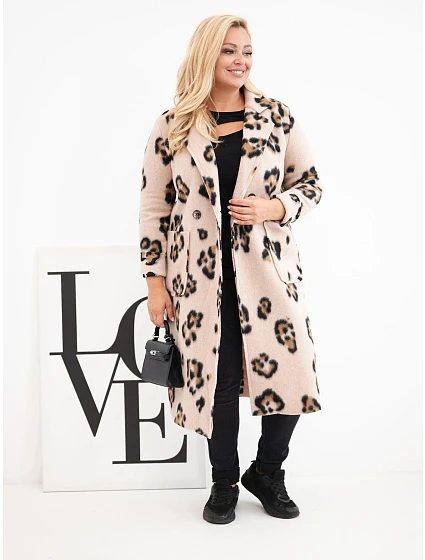 Dámský elegantní kabát Plus Size s klopami leopardí béžový Dámský elegantní kabát Plus Size s klopami leopardí béžový