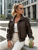 Dámska bunda z ekokože s rebrovaným lemom a golierom hnedá FashionStreet TY5645