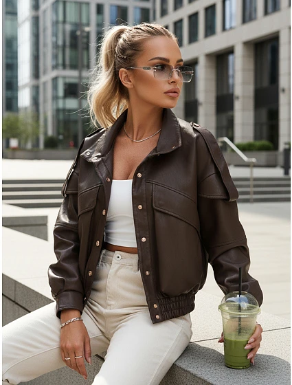 Dámska bunda z ekokože s rebrovaným lemom a golierom hnedá FashionStreet TY5645