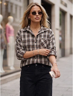 Dámska kockovaná košeľa s bavlnou, béžová, FashionStreet DY0496