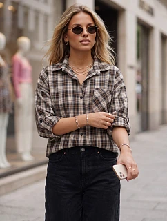 Dámska kockovaná košeľa s bavlnou, béžová, FashionStreet DY0496