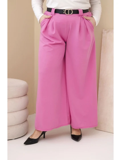 Dámské kalhoty Plus Size viskózové s širokým nohavicí a páskem růžové Dámské kalhoty Plus Size viskózové s širokým nohavicí a páskem růžové