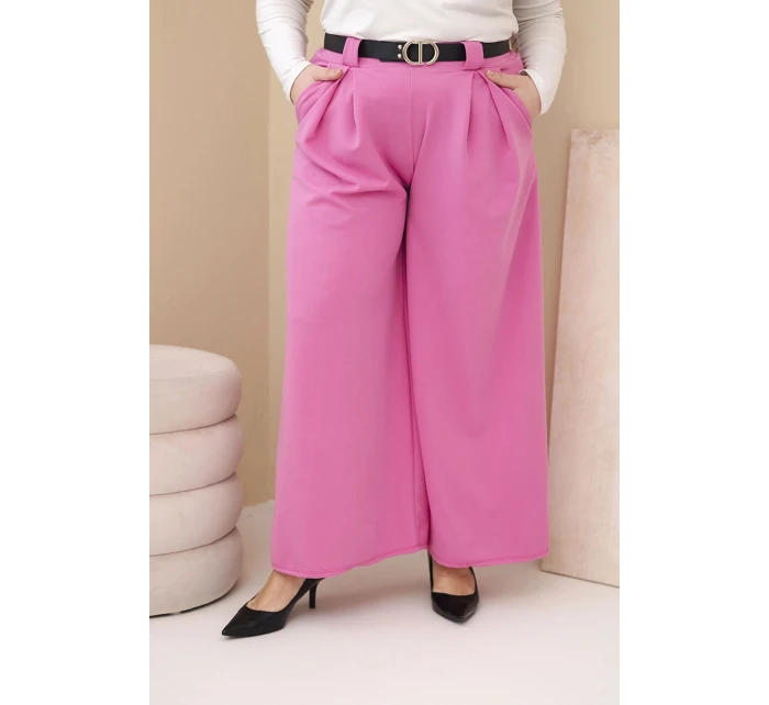 Plus veľkosť dámske široké nohavice z viskózy s opaskom ružová