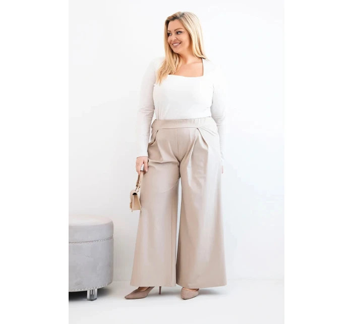 Dámske plus veľkosť široké nohavice s líhaním tmavá béžová