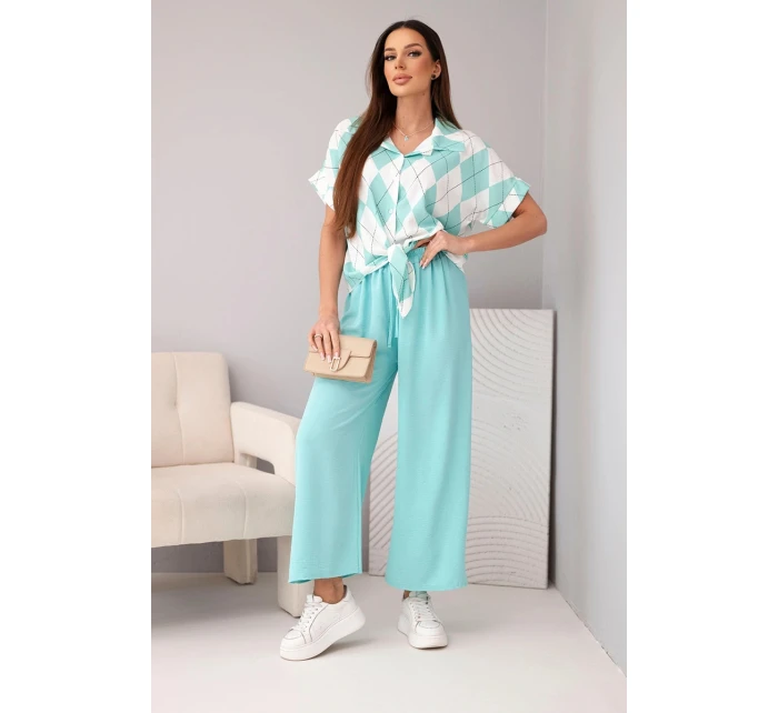 Dámska viskózna košeľa s kravatou a nohavice s elastickou mätou