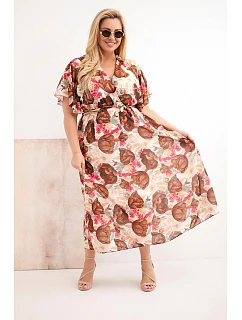 Dámske šaty nadrozmernej veľkosti v kvetinovom vzore s kravatami hnedé