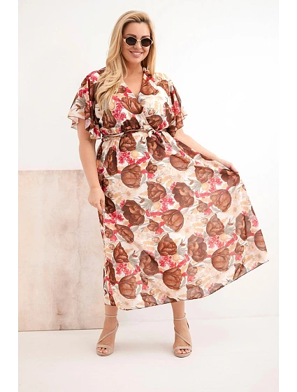 Dámske šaty nadrozmernej veľkosti v kvetinovom vzore s kravatami hnedé