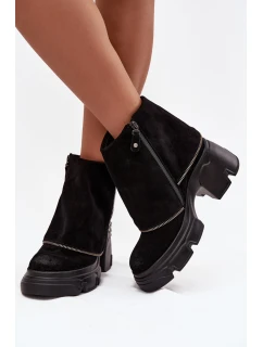 Skórzane Botki Damskie Z Wywiniętą Cholewką Maciejka 07145-01 Czarne