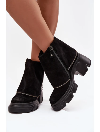 Skórzane Botki Damskie Z Wywiniętą Cholewką Maciejka 07145-01 Czarne
