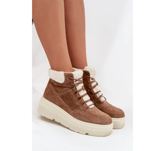 Zamszowe Śniegowce Damskie Z Kożuszkiem Na Platformie Vinceza 95354 Camel