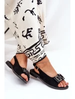 Płaskie Sandały Z Ozdobą Eko Zamszowe Czarne Lilria