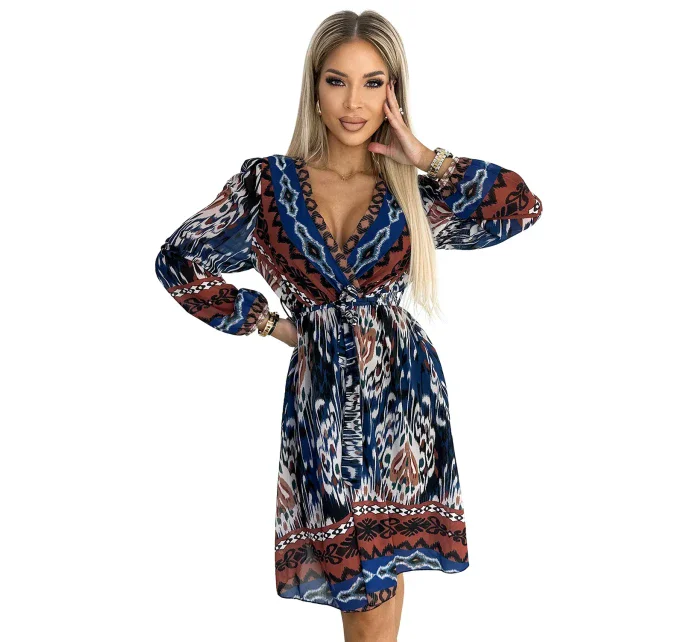 Dámské šifonové šaty s výstřihem, dlouhými rukávy a s vzorem model 19659992 - numoco basic