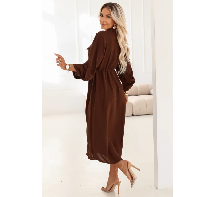 651-1 Midi šaty s gombíkmi a opaskom - čokoládové