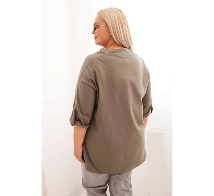 Dámská blůza Plus Size s bavlnou volného střihu s vodním výstřihem khaki Dámská blůza Plus Size s bavlnou volného střihu s vodním výstřihem khaki