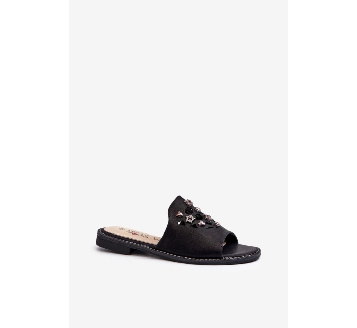 Błyszczące Klapki Damskie Z Ozdobami S.Barski KV27-063 Czarne