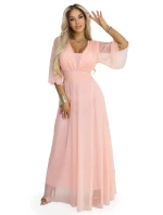654-4 Dlhé trblietavé šaty nadmernej veľkosti s výstrihom a priehľadnými rukávmi - broskyňové