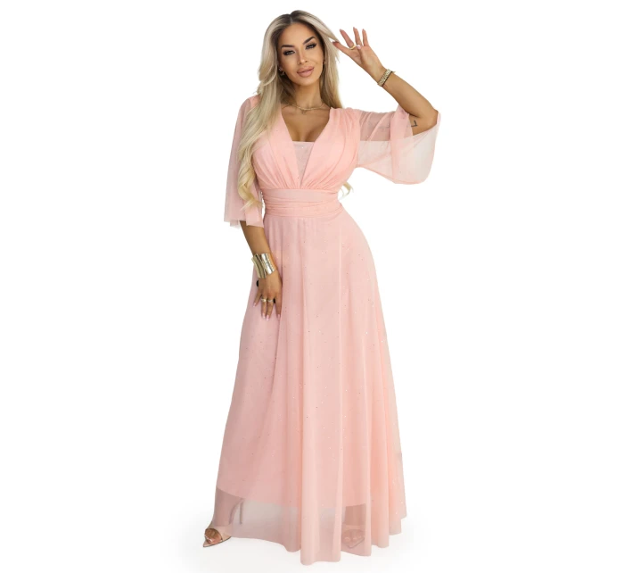 654-4 Dlhé trblietavé šaty nadmernej veľkosti s výstrihom a priehľadnými rukávmi - broskyňové