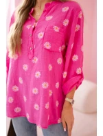Dámska ľanová blúzka s kvetinovým vzorom, dlhými rukávmi a gombíkmi Ružová
